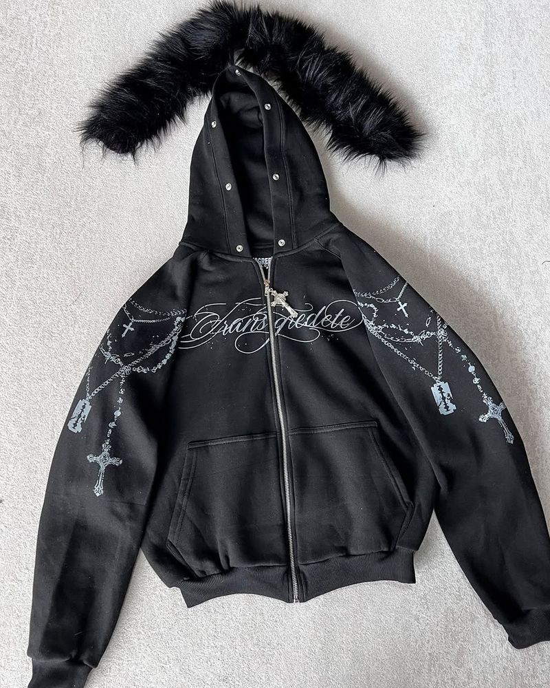 Unisex High Street Kapuzen-Sweatshirt mit Reißverschluss, abnehmbarem Kunstpelzbesatz und Grafikdruck – Übergroße Passform für Streetwear-Mode_voghion.com