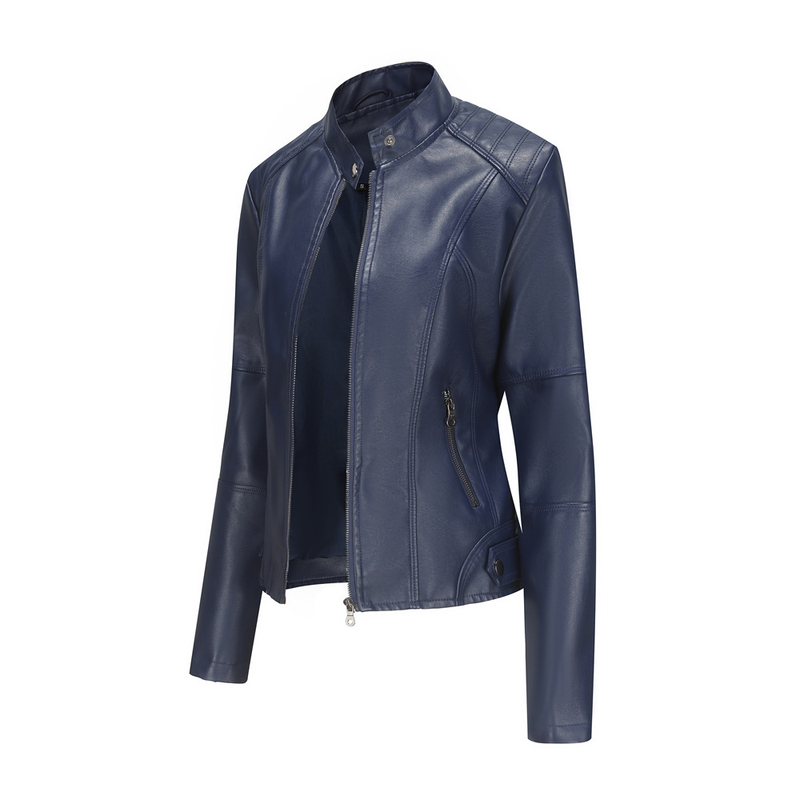 Kadın İnce Ceket Ceket Kadın Biker Ceket Büyük Beden Ayakta Yaka Deri Ceket_voghion.com