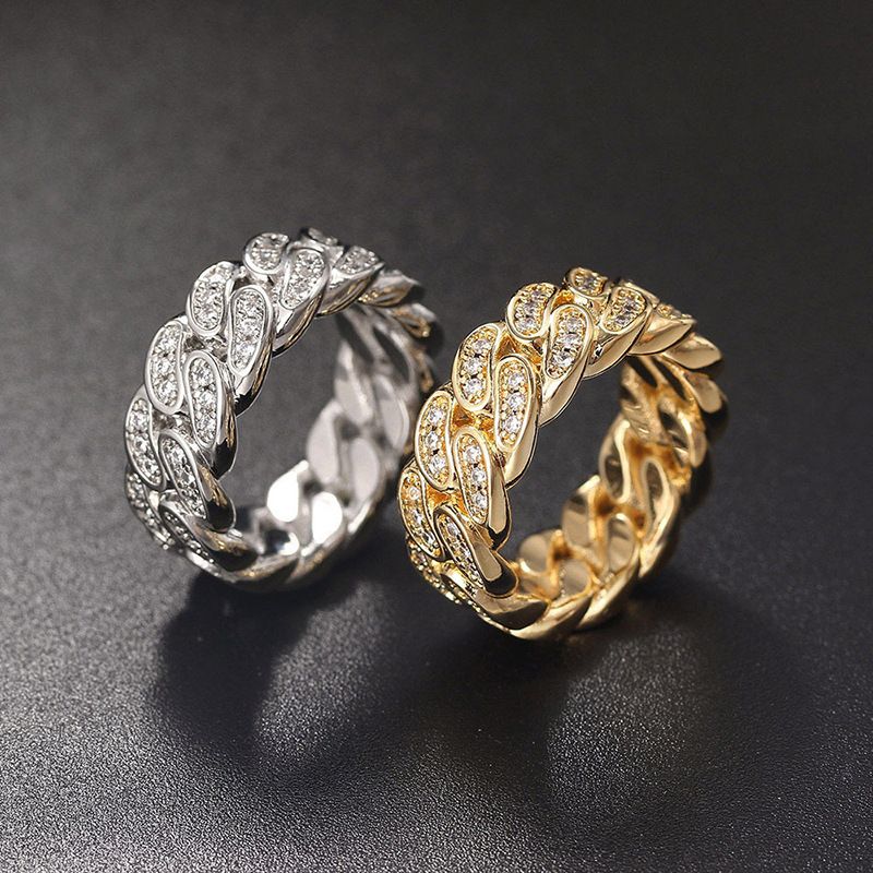 Anello da uomo in oro vero placcato con catena cubana hip hop intarsiata con zirconi_voghion.com