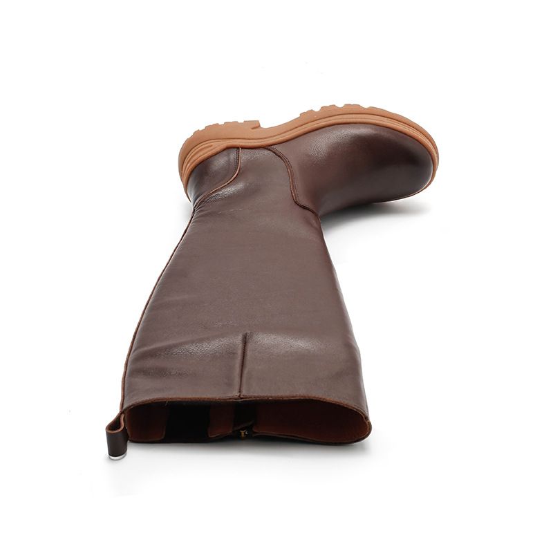 Stivali da motociclista lunghi da donna in vera pelle con tacco medio e suola spessa, con fodera in pile per il calore_voghion.com