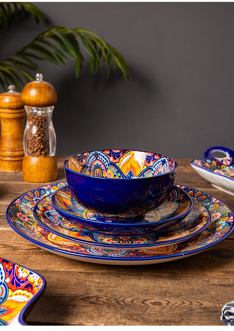 Bohemian Ceramic Dinnerware Set - Underglaze Hand-Painted Bowls & Plates With Handles Vintage Style For Home & Restaurant_voghion.com
