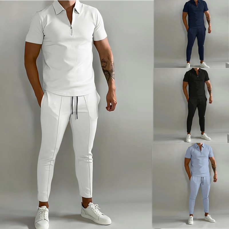 2024 Nieuwe 3D-geprinte effen polobroek met korte mouwen, casual set voor heren_voghion.com