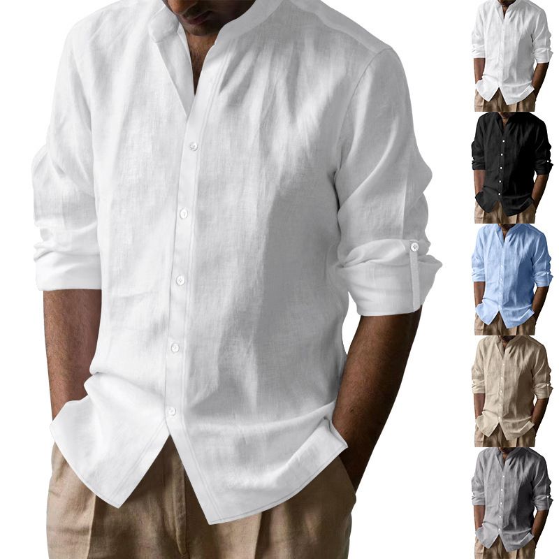 Grenzüberschreitendes Herren-Hawaii-Shirt aus Baumwolle und Leinen mit Stehkragen, atmungsaktivem Henry-Kragen und langen Ärmeln_voghion.com