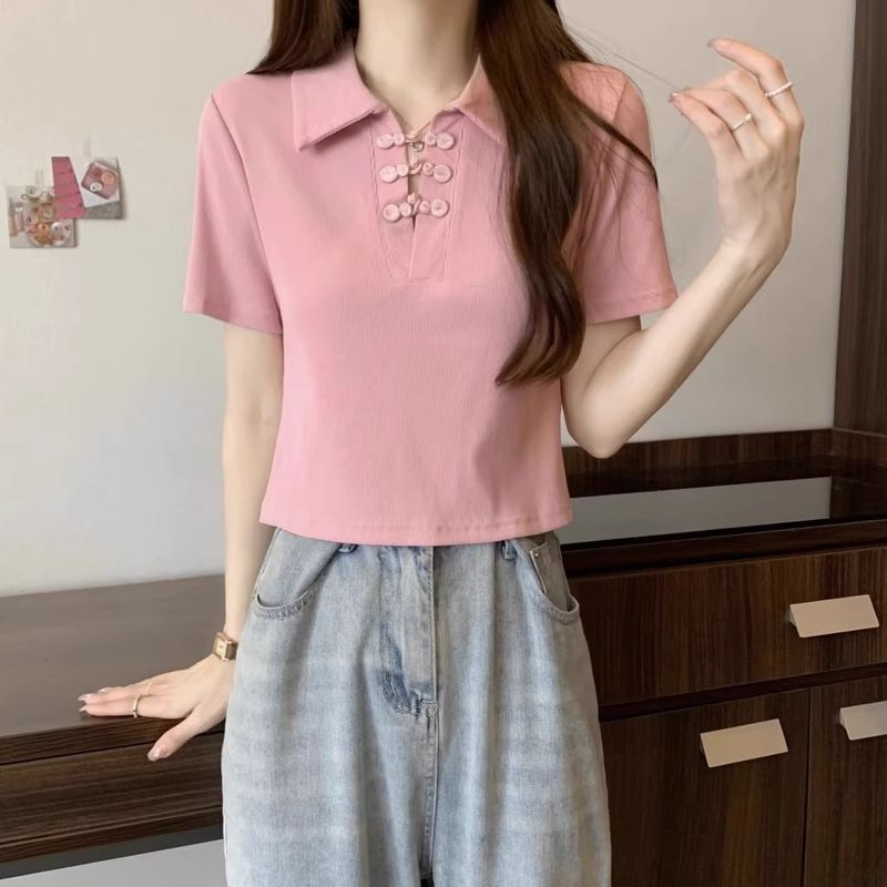 New buckle Chinese style sleeved T-shirt for women in summer 2024, covering the belly and showing off thinness, short_voghion.com