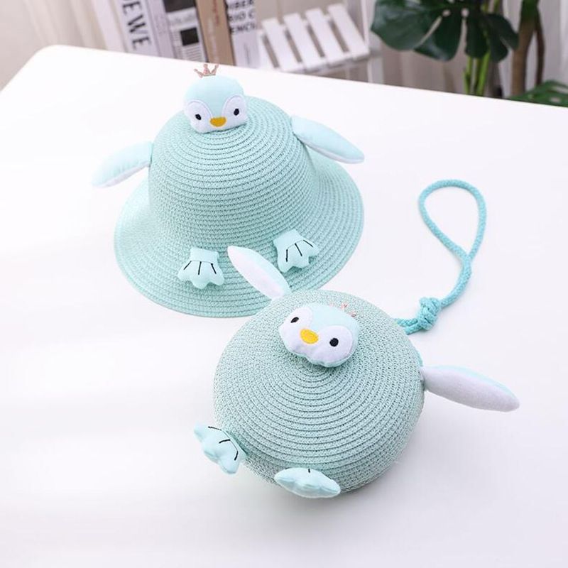 Borsa carina per bambini a forma di pinguino, turismo da spiaggia in paglia intrecciata, shopping, cappello parasole, cappello da vasca con cartoni animati_voghion.com
