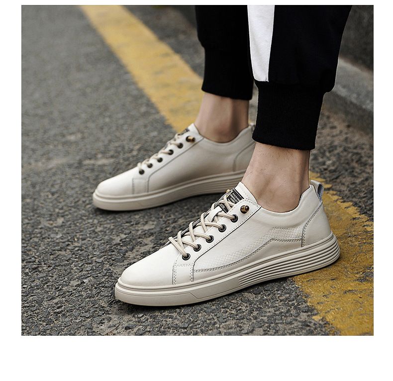 Men's Casual Board Shoes Two-layer Cowhide Hong Kong Style Tide And Breathable Flat-bottomed Men's Small Leather Shoes Elastic Shoes_voghion.com