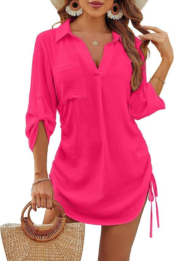 Women's Summer Beach Cover-Up Dress With V-Neck & Drawstring - Lightweight Polyester Swimwear Tunic For Bikini & Swimsuits_voghion.com