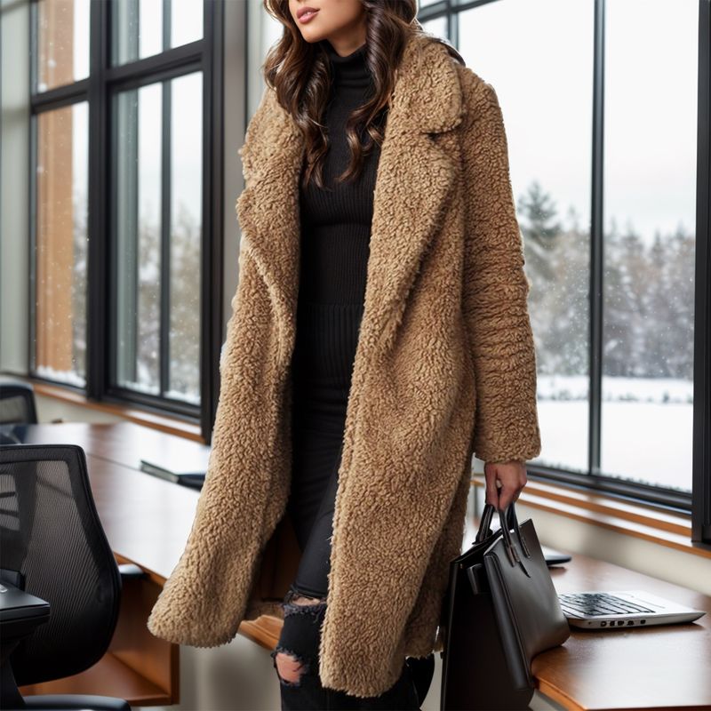 Langärmliger Fleecemantel für Damen mit Reverskragen – warme, flauschige, doppelseitige Sherpa-Jacke im Winter in sanften Eiscremefarben_voghion.com