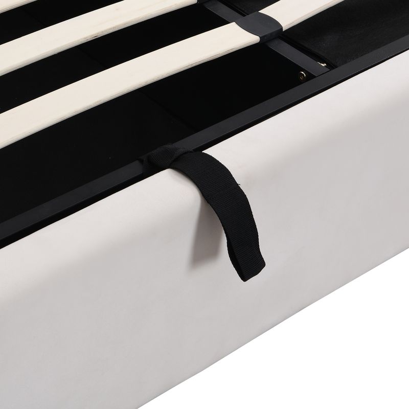 Cadre de lit coffre hydraulique rembourré en velours avec 3 tiroirs, sommier à lattes, beige, 180 x 200 cm, matelas non inclus_voghion.com