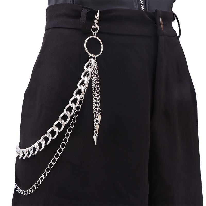 Pantaloni hip hop in metallo a doppio strato a forma di cono in stile punk con catena spessa abbinata a ciondolo in denim_voghion.com