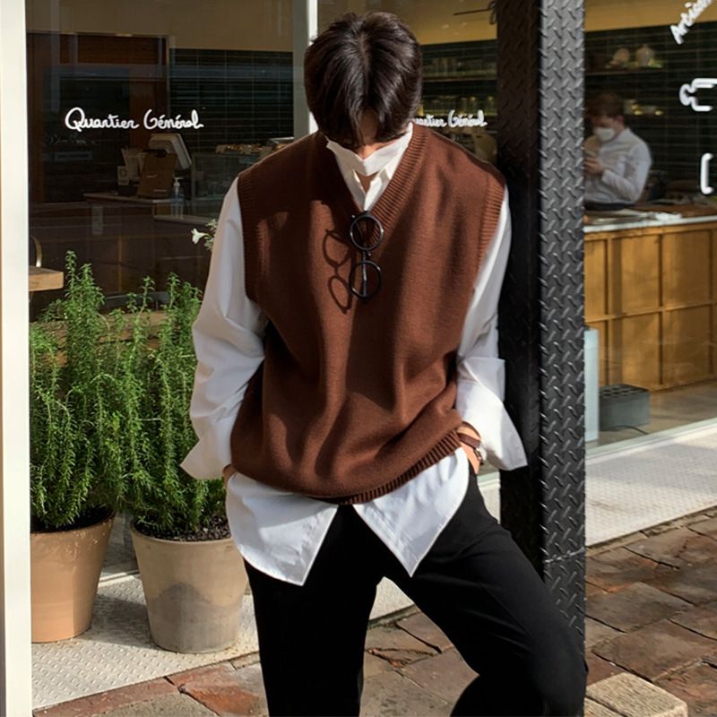 Ärmelloser Pullover Herren im koreanischen Stil, trendige, vielseitige, einfarbige Strickwestenjacke_voghion.com