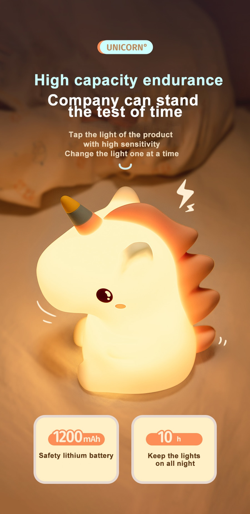 Tek boynuzlu at sevimli silikon LED gece lambası çocuklar için çocuk USB şarj edilebilir karikatür hayvan yatak odası dekoru dokunmatik gece lambası hediyeler için_voghion.com