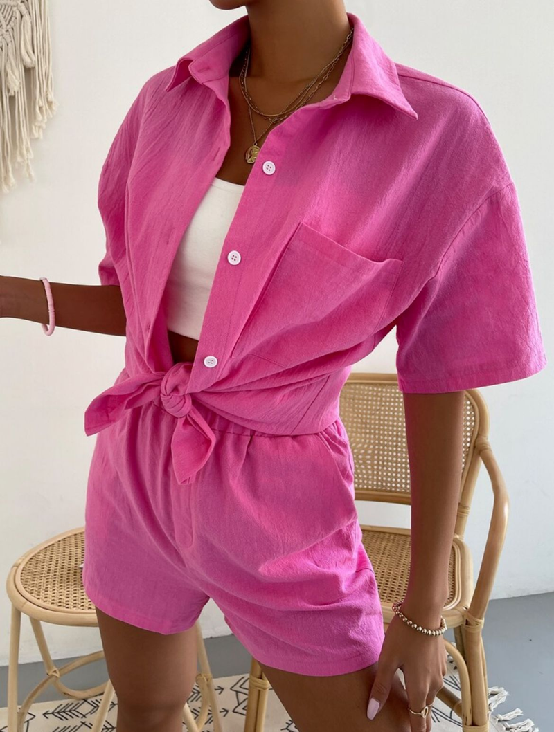Camicia monopetto da donna primaverile ed estiva in tinta unita, elastico in vita, pantaloncini larghi, abito casual in cotone e lino_voghion.com