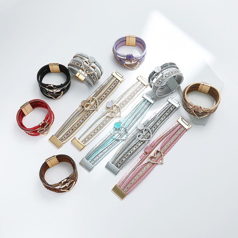 Set di bracciali a strati bohémien - Bracciale rigido regolabile a cuore aperto e catena con perline_voghion.com