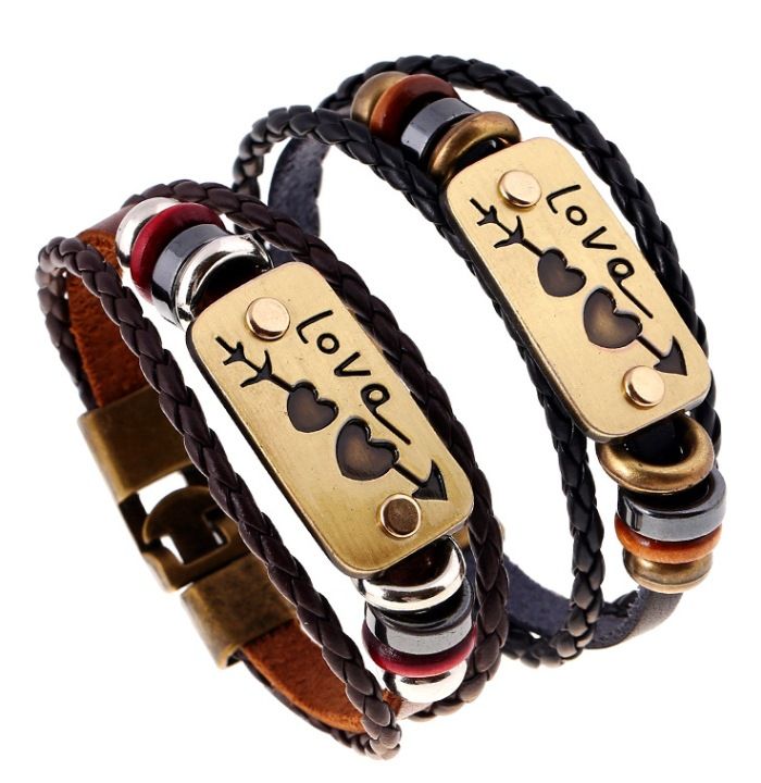 Personalisierte Amors Armband Paar Stil Ein Pfeil Durch Herz Legierung PU Leder Schmuck_voghion.com