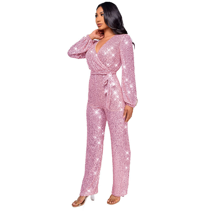 Damkläder Ins Style Deep V Mode Casual Jumpsuit Långärmat Bälte Paljett Jumpsuit Dam_voghion.com