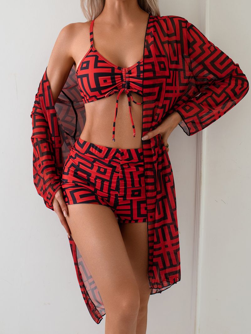 Women's Clothing Three Piece Set Printed Flat Leg Pants Long Sleeved Swimsuit_voghion.com