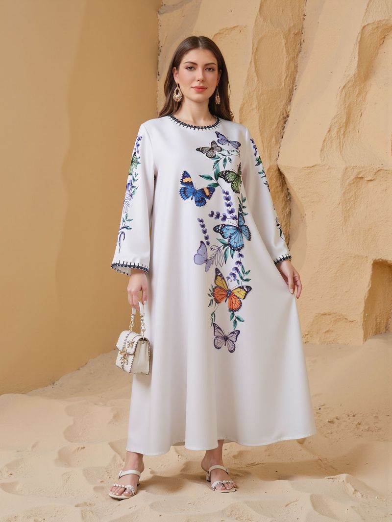 Bedrucktes Strass-Muslimkleid für Damen, Abaya, großes Gewand_voghion.com