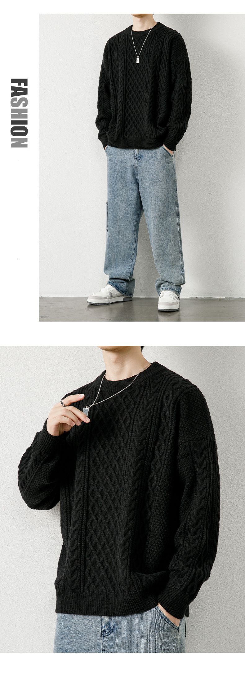 Herren-Zopfmusterpullover, warmer Winterpullover, Rundhalsausschnitt, dick gestrickte Basisschicht, lässig, lockere Passform, trendiger Pullover_voghion.com