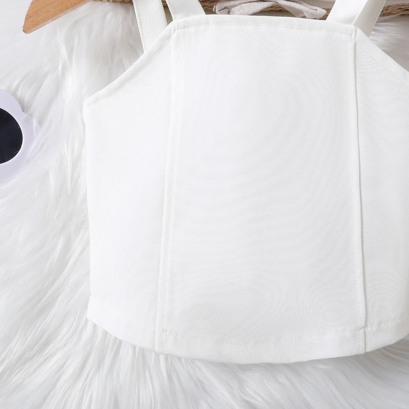 Summer children's solid color suspender wrap vest pleated short skirt belt trendy girl set_voghion.com
