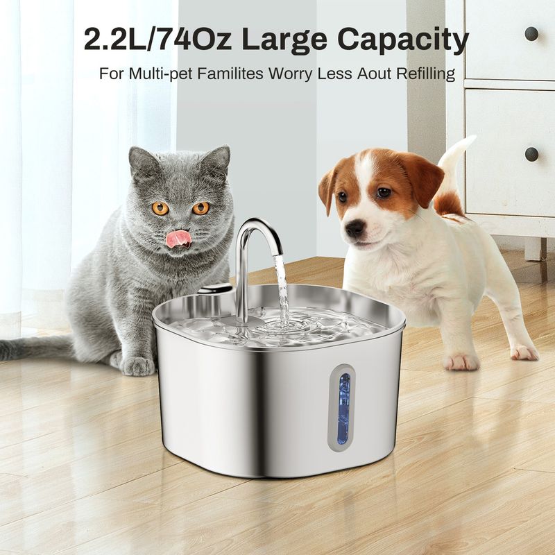 Distributeur d'eau pour animaux de compagnie 2,2 L en acier inoxydable, distributeur automatique d'eau pour chats, bouteille ronde_voghion.com