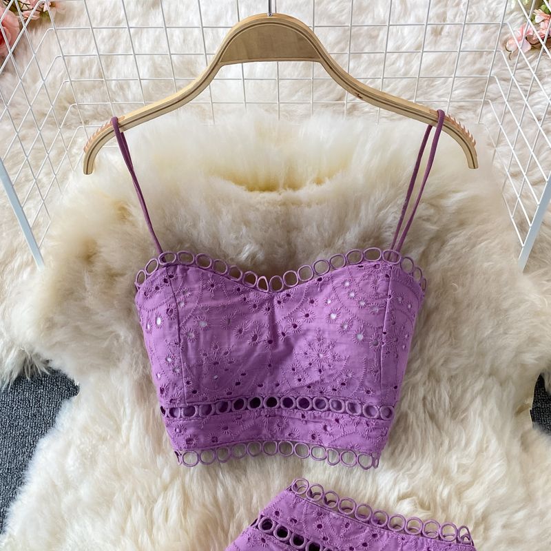 Damenmode, Neckholder, kurzes, trägerloses Neckholder-Top, zweiteiliges Set, hoher Taillen-Rüschenrock_voghion.com