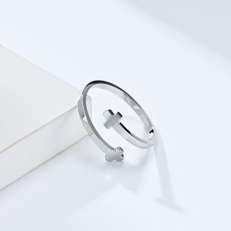 Anello aperto regolabile in titanio con croce in acciaio, personalità di nicchia, anello da mignolo in acciaio inossidabile, gioielli da mano_voghion.com