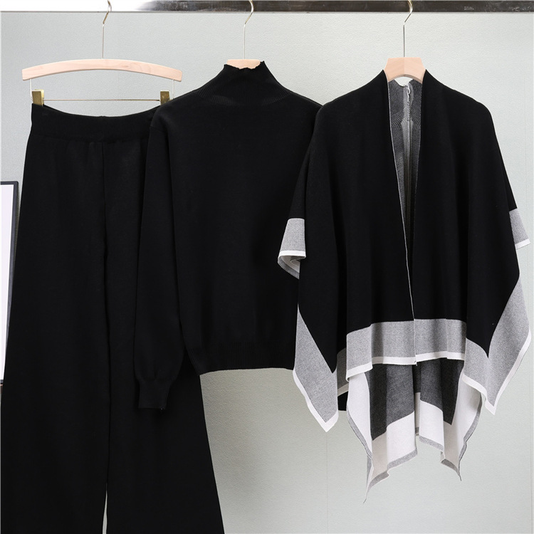 shawl knitted sweater loose wide-leg pants three-piece suit casual coat sweater suit female autumn_voghion.com
