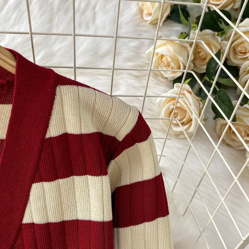 Abito da donna alla moda, con scollo a V, a maniche lunghe, in maglia, con giacca corta, a righe, snellente, con bretelle_voghion.com