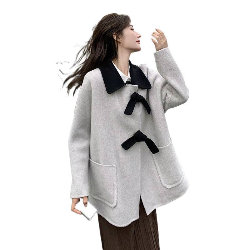 Light Gray Contrast Color Tie Knot Coat Women 2023 Autumn Winter New Small Loose Casual Woolen Overcoat_voghion.com