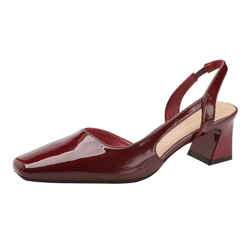 French Style One-Strap Closed-Toe Sandals For Women Summer 2025 New Square Toe Backless Single Shoes Red Chunky Heel_voghion.com