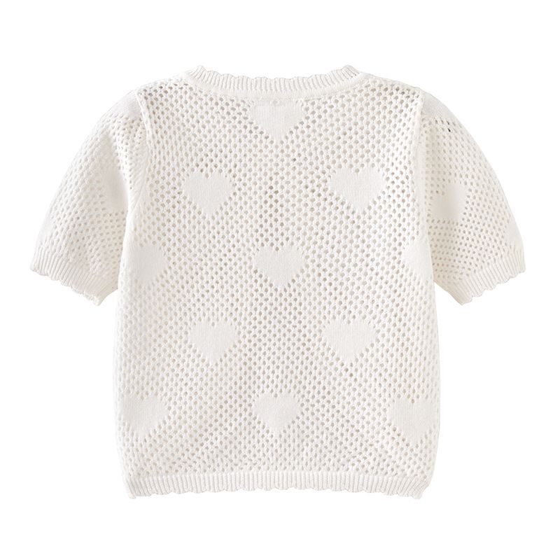 Cardigan in maglia con un bottone per bambine e ragazze, manica corta, estivo, leggero, in morbido cotone con scollo rotondo_voghion.com