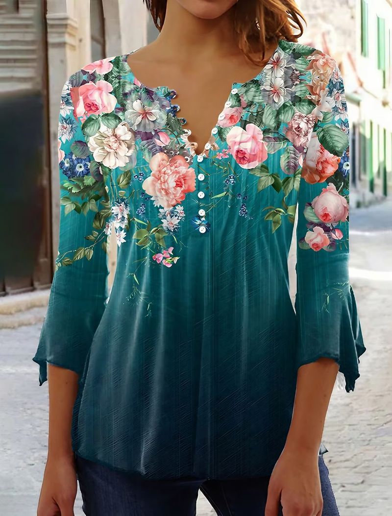 2025 Spring/Summer Fashion New Women's Flower Printed V-neck Short Sleeve Folded Button T-shirt Base Shirt_voghion.com