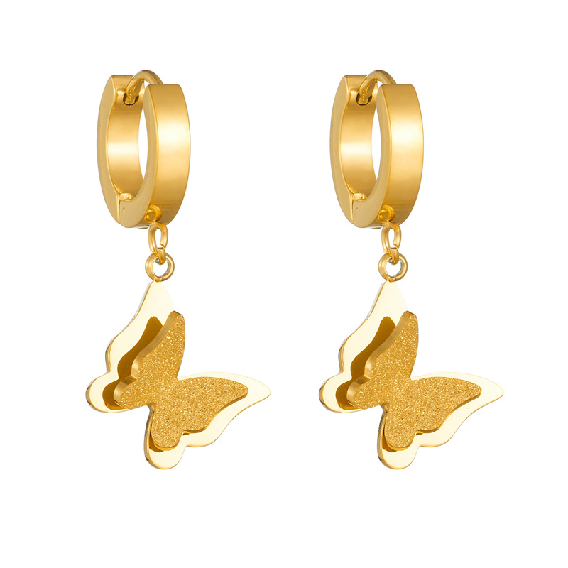 European and American niche fashion simple gold-plated retro butterfly pendant titanium steel versatile earrings_voghion.com