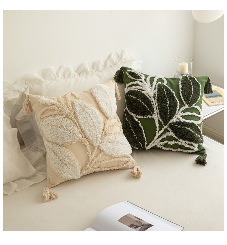 Federa per cuscino con motivo a foglie nordiche - Federa per cuscino in misto lino 45x45 cm per divano/letto (verde/beige) - Opzioni ricamo e pois trapuntati_voghion.com