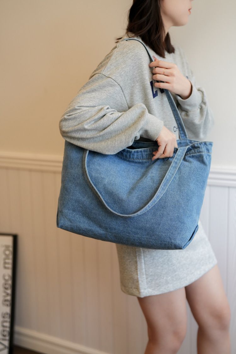 Denim Bag Women's Shoulder Bag Large Capacity Solid Color Washed Denim Bag Student Commuter Shoulder Bag Female Art Casual Handbag_voghion.com