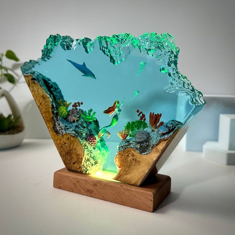 Lampă de artă din lemn din rășină cu delfin și sirenă, lumină de noapte personalizată, decorare pentru living_voghion.com