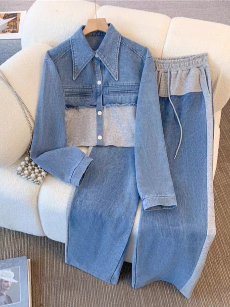 Dametøj moderigtigt patchwork denimjakke afslappet buksedragt med brede ben moderigtigt og stilfuldt jakkesæt i to dele_voghion.com