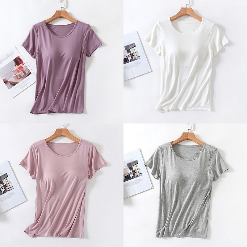 hot selling Women's Modal With Bra Pads Short-Sleeved Top Round Neck Thin Homewear T-Shirt Bottom Shirt Pamas_voghion.com