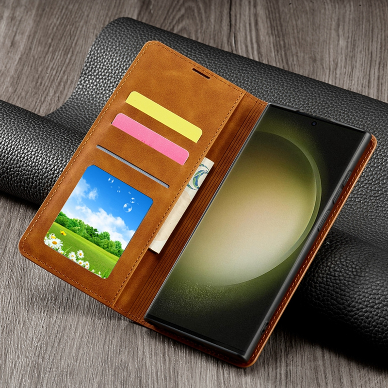 Maciņš ar kartes nodalījumu, foto rāmis, statīvs, magnētisks, atverams PU ādas maciņš priekš Samsung Galaxy Ultra Plus S24+ S24 vāciņš_voghion.com