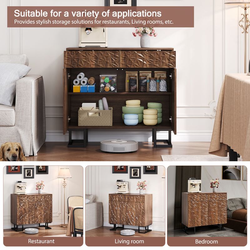 Credenza Kommode 80x78cm Walnussoptik Mit Blattrelief, 2 Schubladen & 2 Türen, Metallbeine_voghion.com