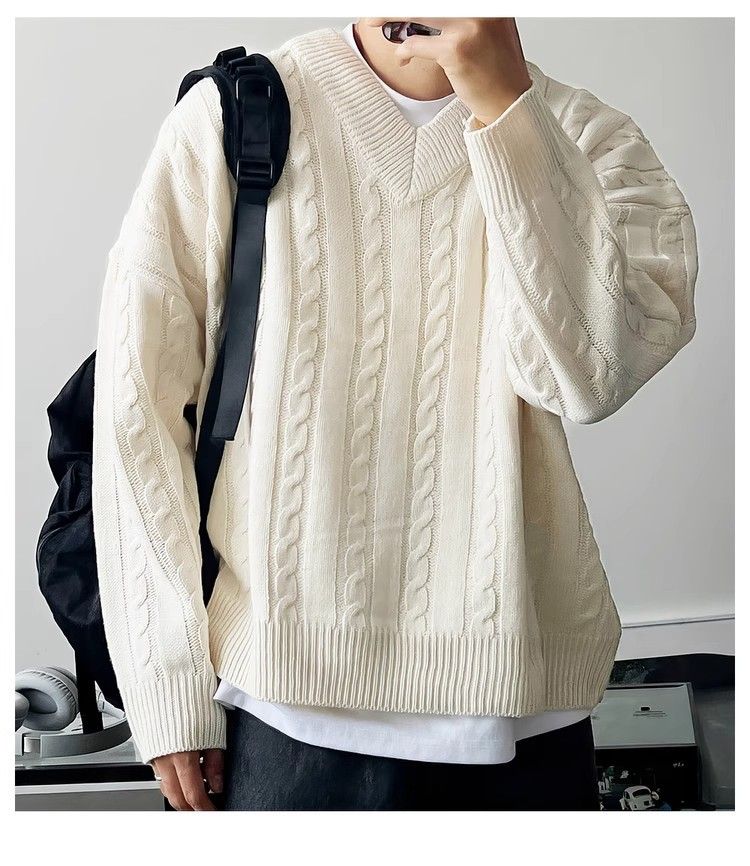 Maglione marrone a trecce con scollo a V per uomo, maglione casual autunnale Melad, maglietta Lazy Base_voghion.com