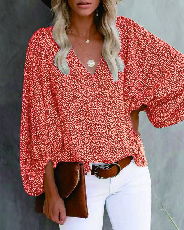 2025 neue Frühling Sommer Herbst V-Ausschnitt Casual Shirt gedruckt Laterne Ärmel Top Damenbekleidung_voghion.com