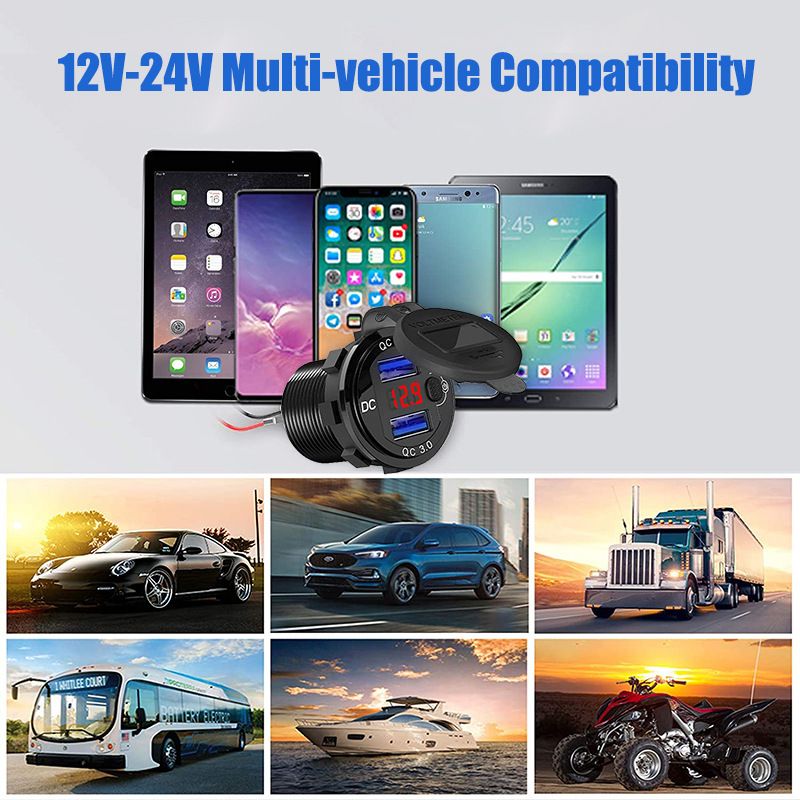 Carregador de carro modificado para motocicleta RV com porta USB de carregamento rápido inteligente QC3.0 de metal mais vendido_voghion.com