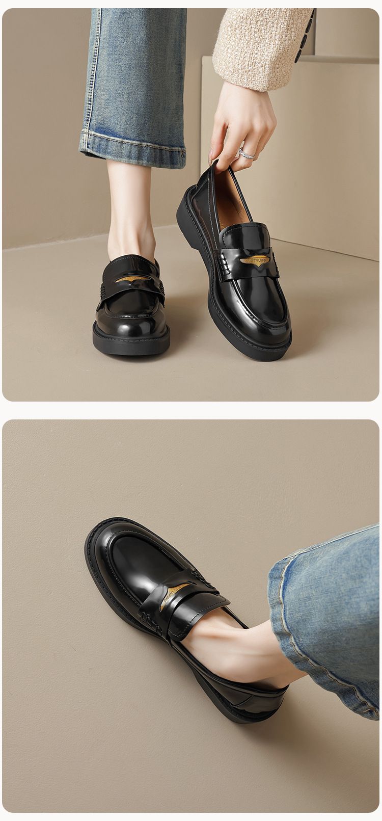 Platform Loafers Women's Autumn Retro Black One-pedal Temperament College Style Small Leather Shoes_voghion.com