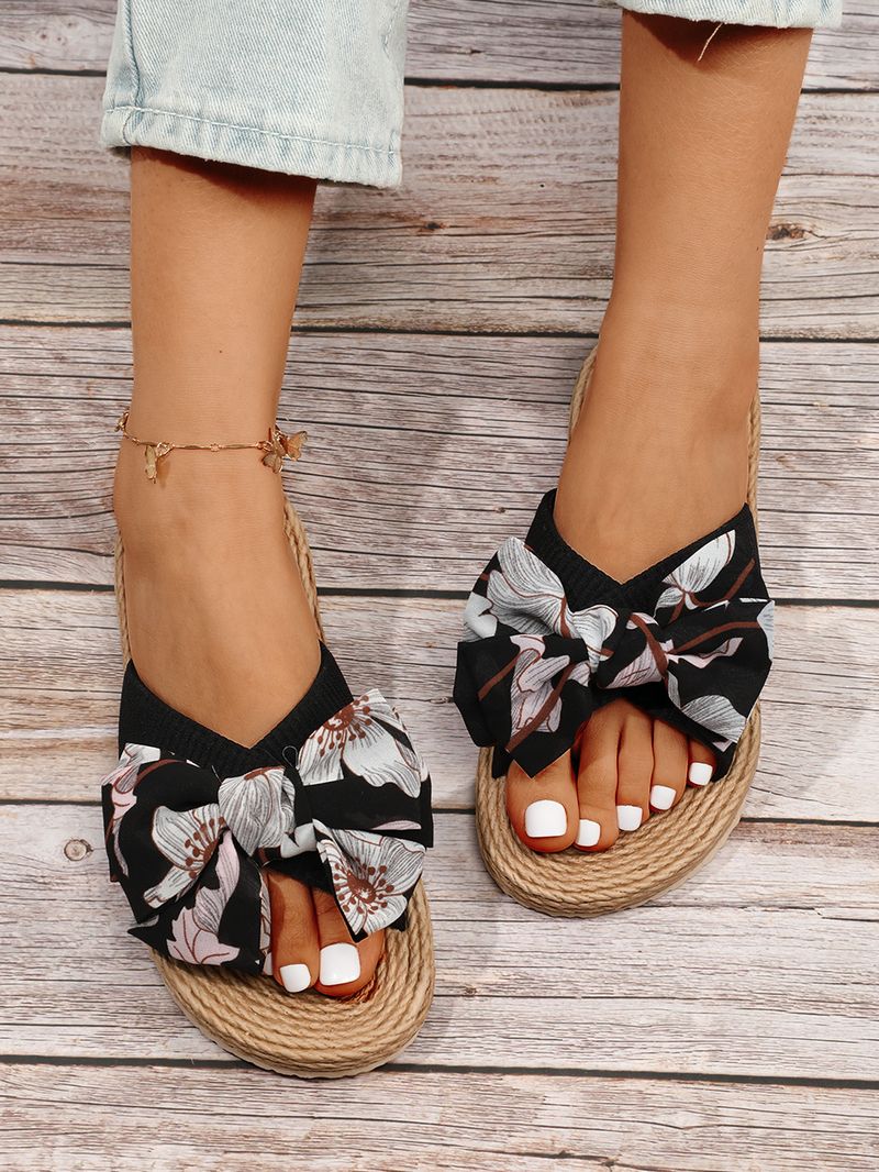 Γυναικεία Παπούτσια INS Χειροποίητα One Word Σχοινί Ψάθινο Υφαντό Four Seasons Νέα ραφές εξωτερικού χώρου Φιόγκος επίπεδη τακούνι παντόφλες για εξωτερικούς χώρους_voghion.com