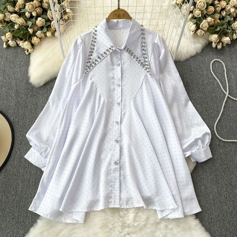 Maglietta monopetto ampia di media lunghezza con borchie, a maniche lunghe, leggera e di alta qualità, da donna, top casual da donna_voghion.com