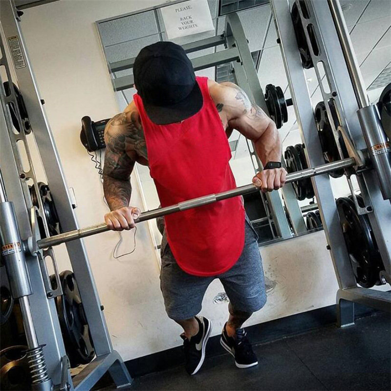 Gilet fitness da uomo in rete patchwork di cotone con giunzioni a tre sezioni, gilet fitness in puro cotone tinta unita, lungo e ampio_voghion.com