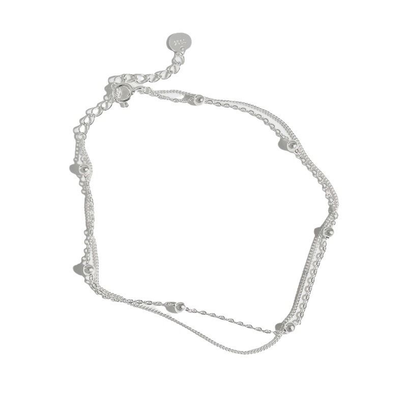 366 Korean Version Student Girl Elegant Personality Simple Versatile Beaded Double Layer S Pure Silver Anklet Chain_voghion.com
