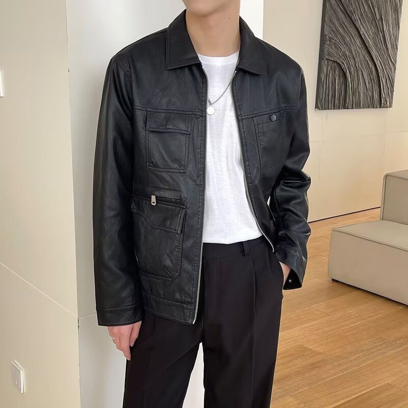 Herrenbekleidung Herbst und Winter Neue Revers Lederjacke Herren Lederjacke Jugendtrend Hübsche Motorradbekleidung Lässige leichte reife Oberteile Männer_voghion.com